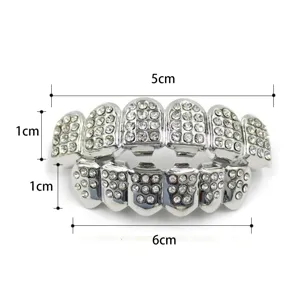 Detailed close-up of hip hop rhinestone silver dental grillz, showing size and crystal details.