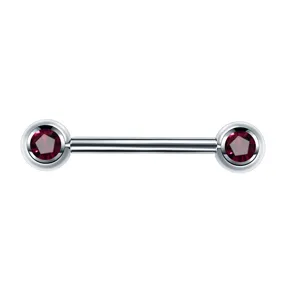 Stainless steel barbell body piercing jewelry with red cubic zirconia stones for women.