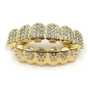 Gold hip hop grillz teeth top and bottom micro pave crystal rhinestone decorative teeth