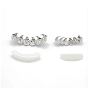 Hip-hop grillz teeth set with upper and lower metal caps and silicone molding bars for daily fashion.