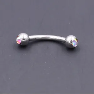Stainless steel curved barbell eyebrow ring with iridescent rhinestones, detail view.