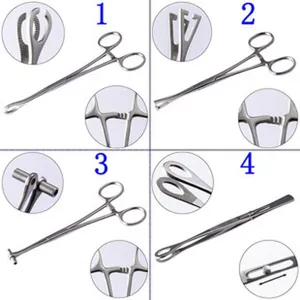 Detailed view of titanium steel body piercing forceps and dermal anchor insertion clamping tools.