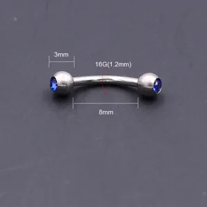Stainless steel curved barbell eyebrow ring detail, 16G 1.2mm body piercing jewelry 8mm.