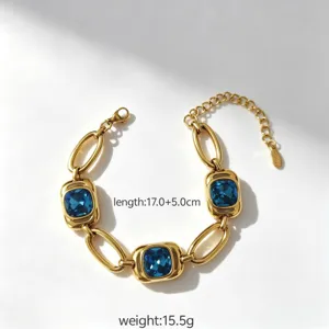 Stainless steel blue crystal square link bracelet, 18k gold plated fashion jewelry for women