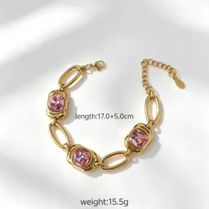 Detailed view of the stylish 18k gold plated stainless steel pink square crystal bracelet.