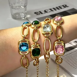 Stainless steel square colored glass bracelet 18K gold plated fashion women jewelry