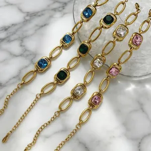 Chic stainless steel 18k gold plated square colored crystal bracelet detail view fashion.