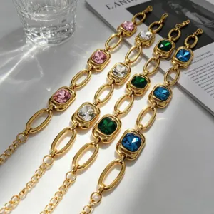 Fashion Stainless Steel Square Colored Glass Chain Bracelet 18K Gold Plated Geometric Jewelry Gift For Women