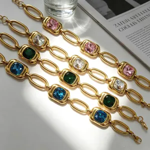 Gold plated stainless steel square colorful glass chain bracelet for women fashion jewelry