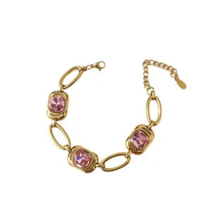 Gold plated stainless steel square pink crystal link bracelet elegant fashion jewelry for women