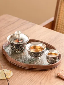 Silver plated gaiwan tea set kung fu teacups with wooden glass tea tray set for home