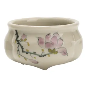 Bruciatore di incenso in ceramica con magnolia dipinta a mano, incensiere tre piedi.