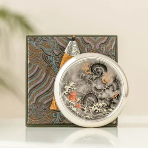 Sous-tasse de thé en argent 999, design traditionnel de dragon à l'encre chinoise décor