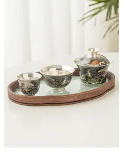 999 Silver Plated Tea Set Gaiwan Teacups Kung Fu Tea Set with Glass Tray Home Use