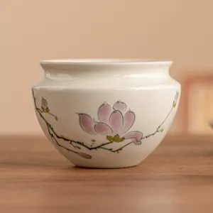 Hand-painted ceramic tea wash bowl, traditional magnolia floral design, kung fu teaware.