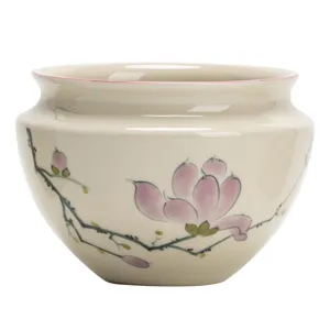 Hand-painted magnolia ceramic tea waste bowl Chinese tea wash cup vintage tea set accessory