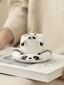 Set filtro tè in ceramica panda, tazza infusore carina per amanti del tè, vista dettagliata.