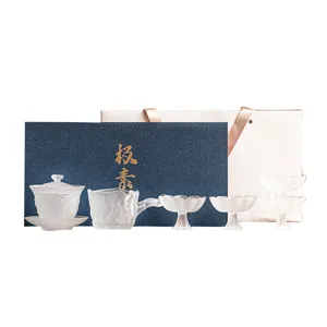 Mat glas lotus kung fu theeset met gaiwan kopjes en geschenkdoos voor woonkamer.