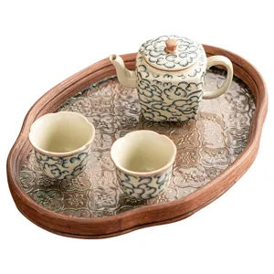 Service à thé en céramique chinoise théière et deux tasses motif nuage plateau bois