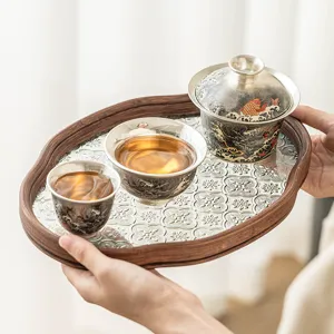 Kung Fu Tea Set 999 Gilded Silver Gaiwan Teacups Glass Tea Tray Household Drinkware Set