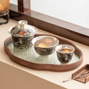 999 silver-plated tea set gaiwan and cups with wooden glass tray for home use kung fu tea set