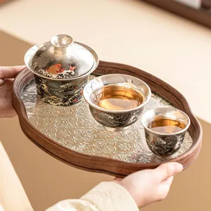 999 Silver Gaiwan Kung Fu Tea Set with Glass Tray, One Bowl Two Cups Tea Set for Home