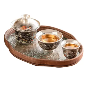 Silver plated gaiwan tea set with glass tea tray, 1 bowl and 2 cups for kung fu tea.