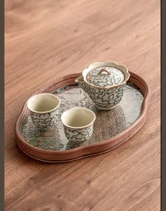 Cloud pattern Ru porcelain Kung Fu tea set with teapot and two cups for home use.