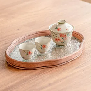 Service à Thé Kung Fu en Céramique Peinte à la Main Fleurs de Pêcher Gaiwan en Porcelaine de Dehua Avec Deux Tasses et Plateau
