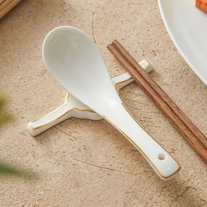Elegant Bone China Gold Rim Chopstick Rest Spoon Elegant White Porcelain Tableware For Hotel Restaurant Home Dining