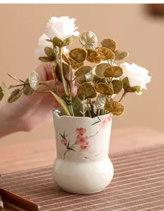 Boîte à thé en céramique peinte à la main et porte-ustensiles avec motif de fleurs de pêcher.