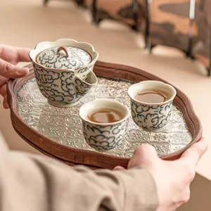 Traditional Ru Ware Ceramic Kung Fu Teaset Imperial Yellow Cloud Pattern Vintage Porcelain Teapot Cups Set For Home Office Tea Ceremony