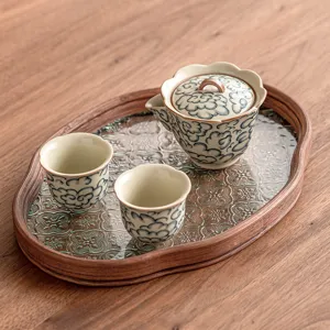 Cloud pattern Ru porcelain kung fu tea set with one teapot and two cups for home use.