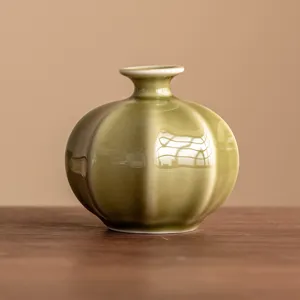 Mini ceramic lantern vase green decorative flower pot for home living room decor modern desktop ornament