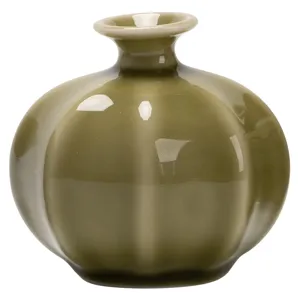 Elegant ceramic lantern vase, olive green decorative flower pot for home living room decor.