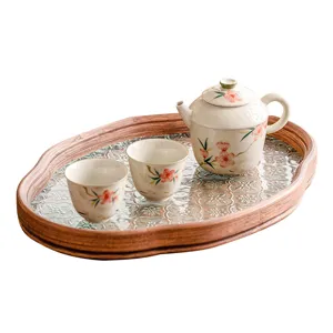 Juego de té kung fu de cerámica con flor de melocotón pintada a mano tetera dos tazas bandeja