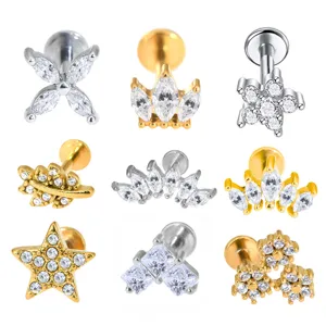 Edelstahl Strass Blume Herz Stern Mond Lippenstift Knorpel Ohrring Innengewinde Piercing Schmuck Für Unisex