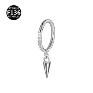 Titanium hinged segment ring with cubic zirconia and spike pendant for cartilage piercing.
