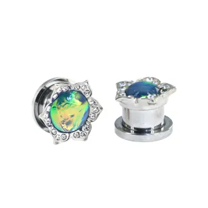 Túnel de oreja de acero inoxidable con diseño de flor de loto azul, diamantes y ópalo sintético.