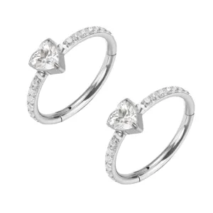Detail view of titanium heart zircon piercing ring, ideal for septum and cartilage use.