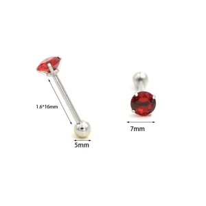 Stainless steel tongue ring with red cubic zirconia stone, 1.6x16mm body piercing jewelry.