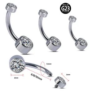 Titanium Navel Piercing Curved Barbell Detail View with CZ Stone Size Specification 1.6mm