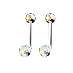 G23 titanio 14G bilanciere curvo piercing corpo con cristalli colorati vista dettagliata.