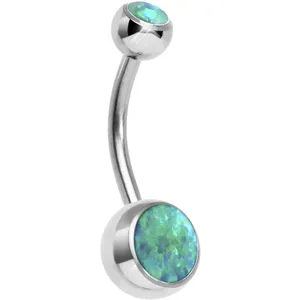 Detalle en primer plano del piercing para ombligo de acero inoxidable 316L con piedras ópalo.