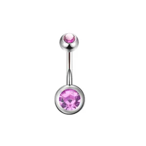 Titanium 14G double pink zircon navel ring detail, belly button piercing body jewelry.