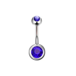 Titanium belly button ring with blue cubic zirconia, 14G curved barbell body piercing jewelry.
