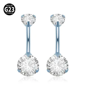 Piercing per ombelico in titanio G23 14g filettatura interna con due zirconi a castone.