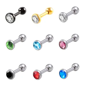 Stainless steel labret piercing stud with 3-5mm sparkling cubic zirconia stones for cartilage.