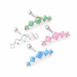 316L Stainless Steel Rhinestone Synthetic Opal Labret Stud Earrings Curved Bar Cartilage Piercing Jewelry For Women Men