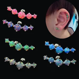 Opal ear studs stainless steel piercing jewelry featuring multiple colorful curved bar design.